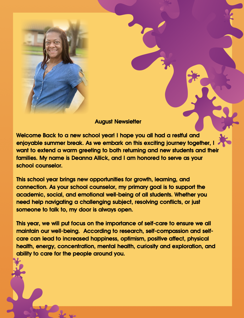 SCHOOL COUNSELOR AUGUST NEWSLETTER